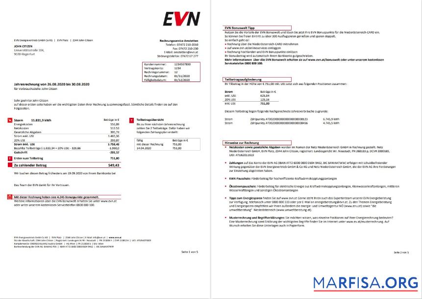Blank Austria EVN electricity utility bill 5 pages 1 2 sample